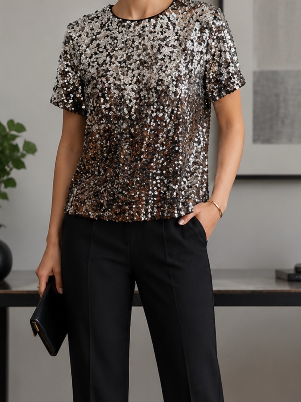 Banana Republic - Sequin Short Sleeve Top in Silver and Brown